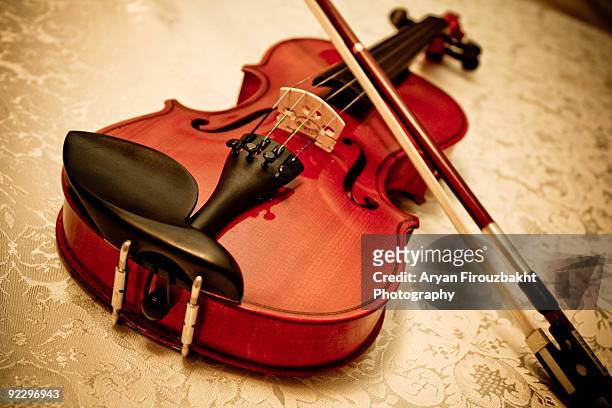 violin and bow  - strijkstok stockfoto's en -beelden