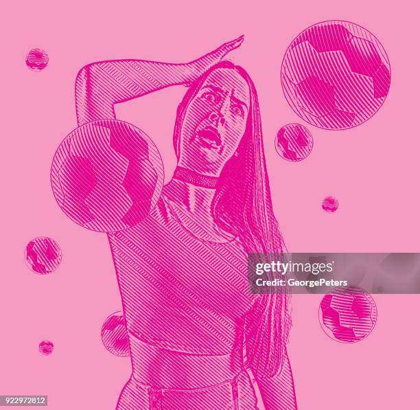 excited soccer fan with a shocked expression and soccer balls - woman-watching-football-clip-art stock illustrations