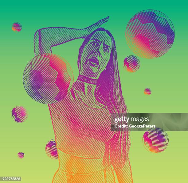 excited soccer fan with a shocked expression and soccer balls - woman-watching-football-clip-art stock illustrations