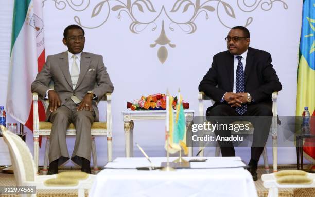 The President of Equatorial Guinea, Teodoro Obiang Nguema meets Prime Minister of Ethiopia Hailemariam Desalegn at National Palace in Addis Ababa,...