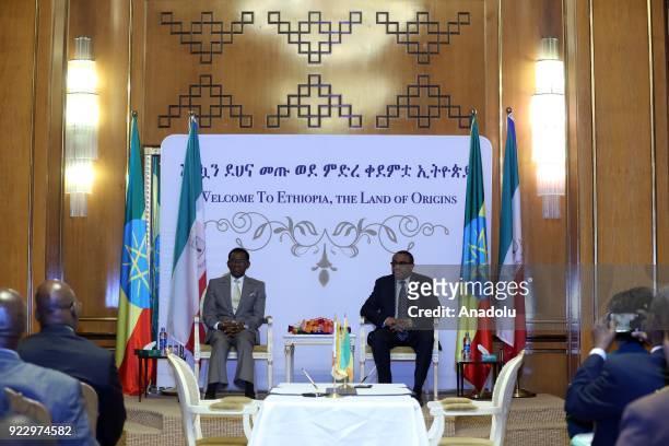 The President of Equatorial Guinea, Teodoro Obiang Nguema meets Prime Minister of Ethiopia Hailemariam Desalegn at National Palace in Addis Ababa,...