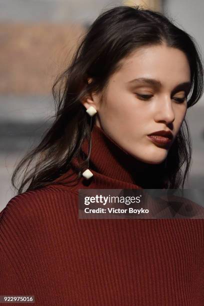 Model, jewelry detail, walks the runway at the Anteprima show during Milan Fashion Week Fall/Winter 2018/19 on February 22, 2018 in Milan, Italy.