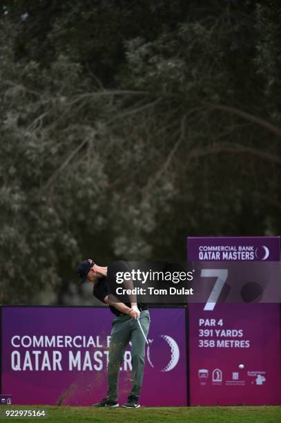 Joshua White of England tees off on the 7th hole during the first round of the Commercial Bank Qatar Masters at Doha Golf Club on February 22, 2018...