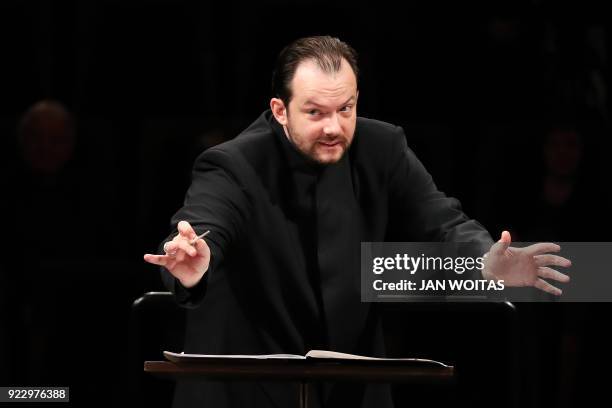 Latvian conductor Andris Nelsons rehearses with the Gewandhausorchester orchestra in Leipzig, eastern Germany, during his first official workday as...