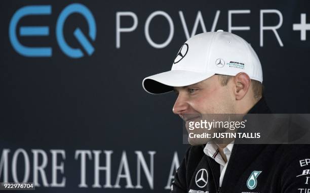 Mercedes AMG Petronas Formula One driver, Finland's Valtteri Bottas speaks during a press conference prior to the launch event of the new 2018 season...