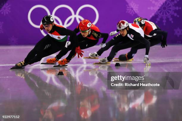 Shaolin Sandor Liu of Hungary, Ziwei Ren of China, Daan Breeuwsma of the Netherlands and Ryosuke Sakazume of Japan compete during the Short Track...