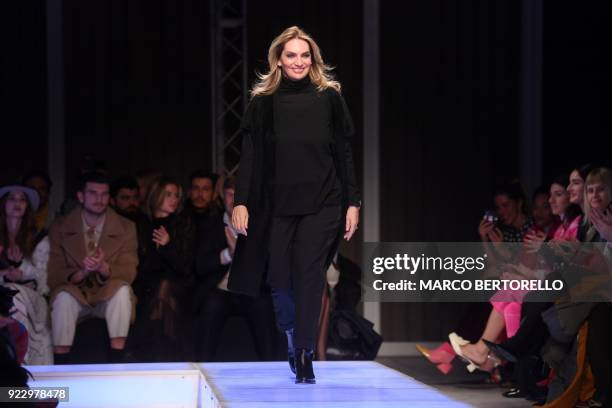 Fashion designer for Les Copains, Stefania Bandiera acknowledges the audience at the end of the women's Fall/Winter 2018/2019 collection fashion show...