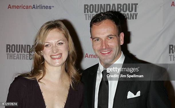 Actors Marin Ireland and Jonny Lee Miller attend the opening night party for "After Miss Julie" on Broadway at the Roundabout Theatre Company's...