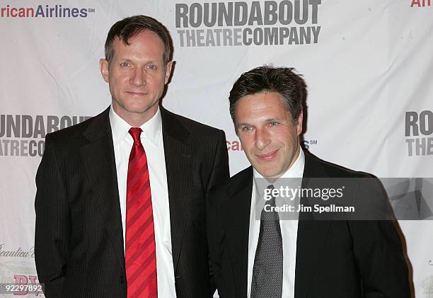 Director Mark Brokaw and playwright Patrick Marber attend the opening night party for "After Miss Julie" on Broadway at the Roundabout Theatre...
