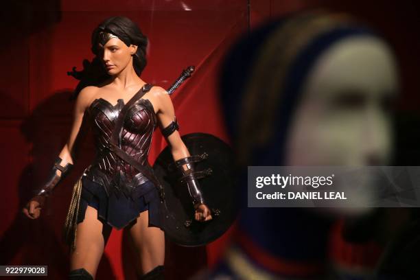 Wonder Woman costume design by Lindy Hemming is displayed during a press preview of 'DC Comics Exhibition: Dawn of Super Heroes' at the O2 Arena in...