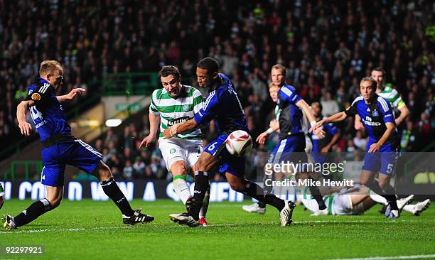 Scott McDonald of Celtic gets a shot on goal during the UEFA Europa League Group C match between Celtic and Hamburger SV at Celtic Park on October...