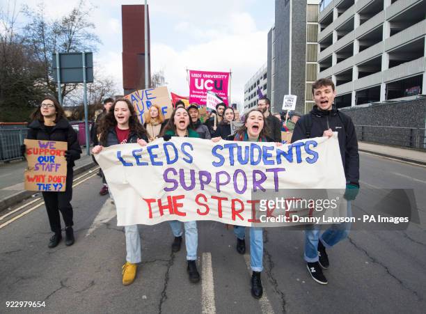 Students take part in a protest in Leeds city centre, to support university workers as they begin a month of walkouts in the latest stage of a bitter...