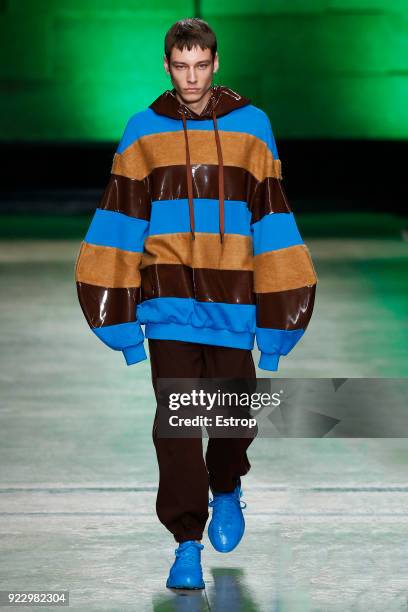 Model walks the runway at the Annakiki show during Milan Fashion Week Fall/Winter 2018/19 on February 21, 2018 in Milan, Italy.