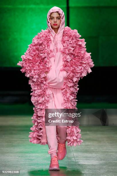 Model walks the runway at the Annakiki show during Milan Fashion Week Fall/Winter 2018/19 on February 21, 2018 in Milan, Italy.