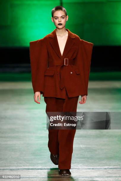 Model walks the runway at the Annakiki show during Milan Fashion Week Fall/Winter 2018/19 on February 21, 2018 in Milan, Italy.