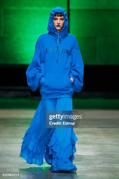 Model walks the runway at the Annakiki show during Milan Fashion Week Fall/Winter 2018/19 on February 21, 2018 in Milan, Italy.