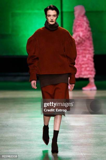 Model walks the runway at the Annakiki show during Milan Fashion Week Fall/Winter 2018/19 on February 21, 2018 in Milan, Italy.