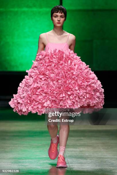 Model walks the runway at the Annakiki show during Milan Fashion Week Fall/Winter 2018/19 on February 21, 2018 in Milan, Italy.