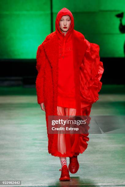 Model walks the runway at the Annakiki show during Milan Fashion Week Fall/Winter 2018/19 on February 21, 2018 in Milan, Italy.