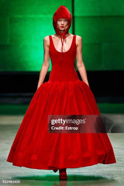 Model walks the runway at the Annakiki show during Milan Fashion Week Fall/Winter 2018/19 on February 21, 2018 in Milan, Italy.