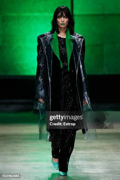 Model walks the runway at the Annakiki show during Milan Fashion Week Fall/Winter 2018/19 on February 21, 2018 in Milan, Italy.