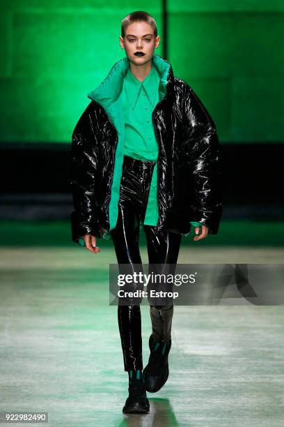 Model walks the runway at the Annakiki show during Milan Fashion Week Fall/Winter 2018/19 on February 21, 2018 in Milan, Italy.