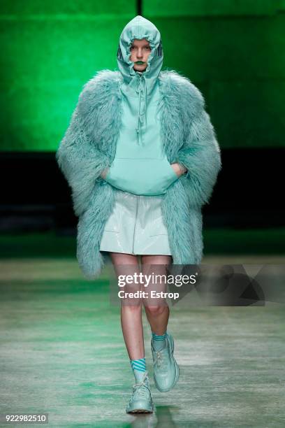 Model walks the runway at the Annakiki show during Milan Fashion Week Fall/Winter 2018/19 on February 21, 2018 in Milan, Italy.