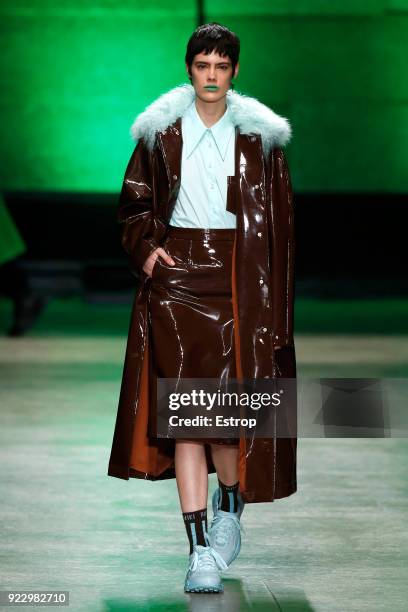 Model walks the runway at the Annakiki show during Milan Fashion Week Fall/Winter 2018/19 on February 21, 2018 in Milan, Italy.