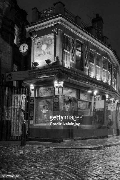 a b&w photo of a takeaway restaurant in the centre of leeds, west yorkshire - kelvinjay stock pictures, royalty-free photos & images