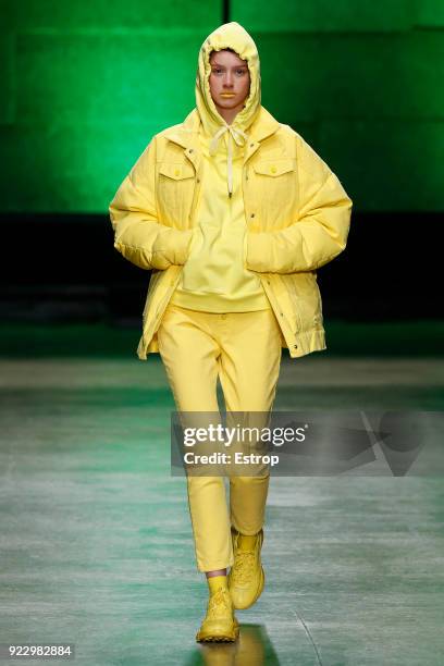 Model walks the runway at the Annakiki show during Milan Fashion Week Fall/Winter 2018/19 on February 21, 2018 in Milan, Italy.