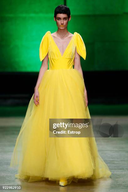 Model walks the runway at the Annakiki show during Milan Fashion Week Fall/Winter 2018/19 on February 21, 2018 in Milan, Italy.