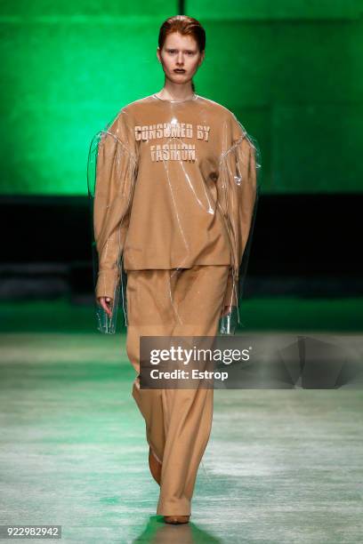 Model walks the runway at the Annakiki show during Milan Fashion Week Fall/Winter 2018/19 on February 21, 2018 in Milan, Italy.