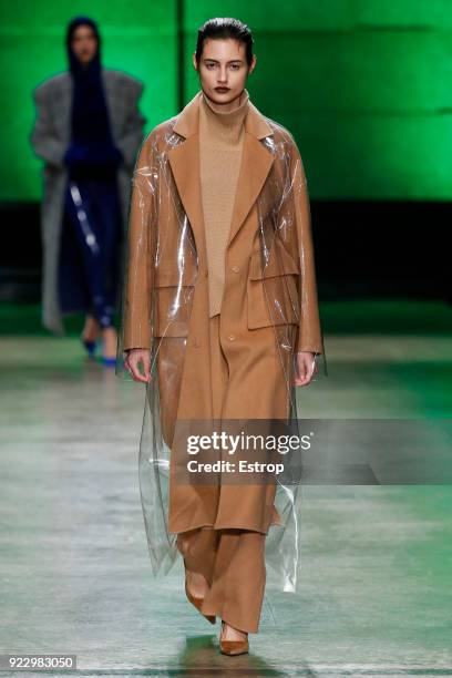 Model walks the runway at the Annakiki show during Milan Fashion Week Fall/Winter 2018/19 on February 21, 2018 in Milan, Italy.