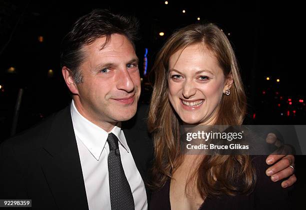 Playwright Patrick Marber and Marin Ireland pose at the opening night party for "After Miss Julie" on Broadway at Espace on October 22, 2009 in New...
