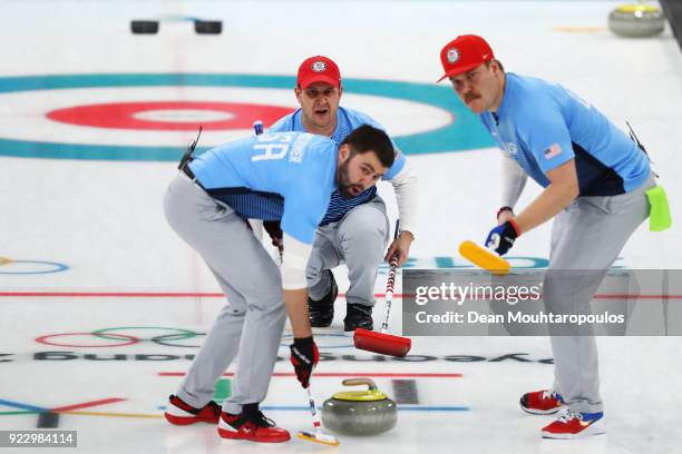 Matt Hamilton, John Shuster, John Landsteiner of USA compete in the Curling Men's Semi-final against Canada on day thirteen of the PyeongChang 2018...