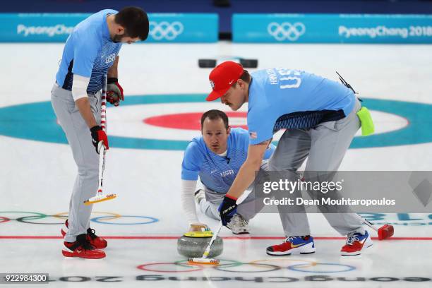 Matt Hamilton, Tyler George, John Landsteiner of USA compete in the Curling Men's Semi-final against Canada on day thirteen of the PyeongChang 2018...