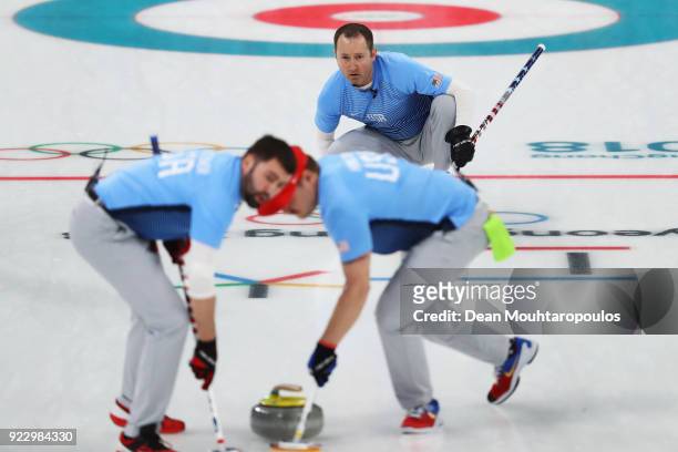 Matt Hamilton, Tyler George, John Landsteiner of USA compete in the Curling Men's Semi-final against Canada on day thirteen of the PyeongChang 2018...