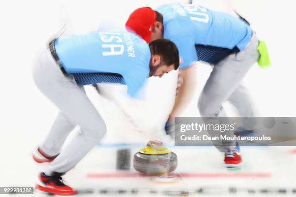 Matt Hamilton, and John Landsteiner of USA compete in the Curling Men's Semi-final against Canada on day thirteen of the PyeongChang 2018 Winter...