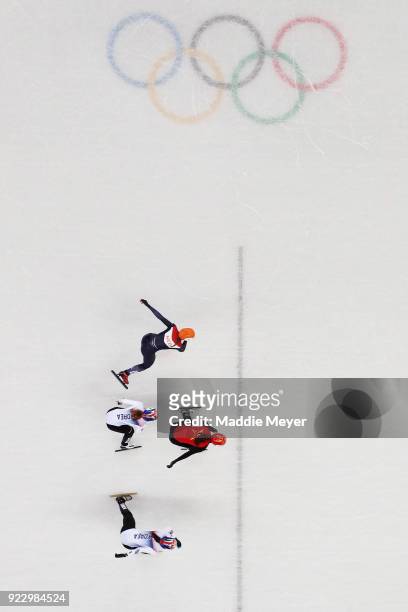 Chunyu Qu of China, Minjeong Choi of Korea, Sukhee Shim of Korea and Suzanne Schulting of the Netherlands compete during the Short Track Speed...
