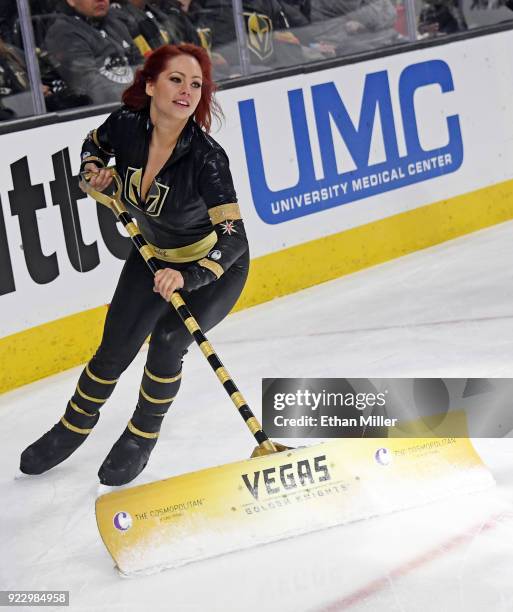 Member of the Knights Crew cleans the ice during the Vegas Golden Knights' game against the Calgary Flames at T-Mobile Arena on February 21, 2018 in...