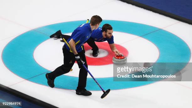 Oskar Eriksson and Christoffer Sundgren of Sweden compete in the Curling Men's Semi-final against Switzerland on day thirteen of the PyeongChang 2018...