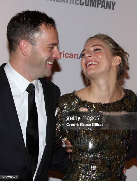 Jonny Lee Miller and Sienna Miller pose at the opening night party for "After Miss Julie" on Broadway at the Roundabout Theatre Company's American...