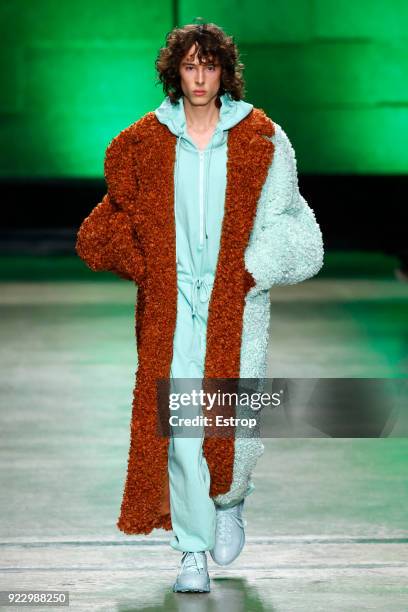 Model walks the runway at the Annakiki show during Milan Fashion Week Fall/Winter 2018/19 on February 21, 2018 in Milan, Italy.