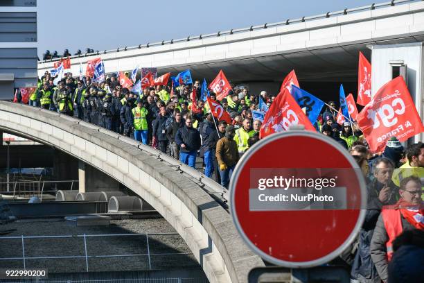 Police blocked Air France unions march in Charle de Gaule airport during an unauthorized demonstration outside Charles de Gaulle airport in Roissy on...