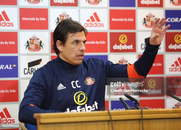 Sunderland manager Chris Coleman takes his press conference at The Academy of Light on February 22, 2018 in Sunderland, England.