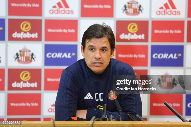 Sunderland manager Chris Coleman takes his press conference at The Academy of Light on February 22, 2018 in Sunderland, England.