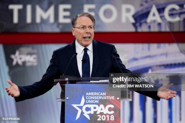 Wayne LaPierre, Executive Vice President of the National Rifle Association, speaks during the 2018 Conservative Political Action Conference in Oxon...