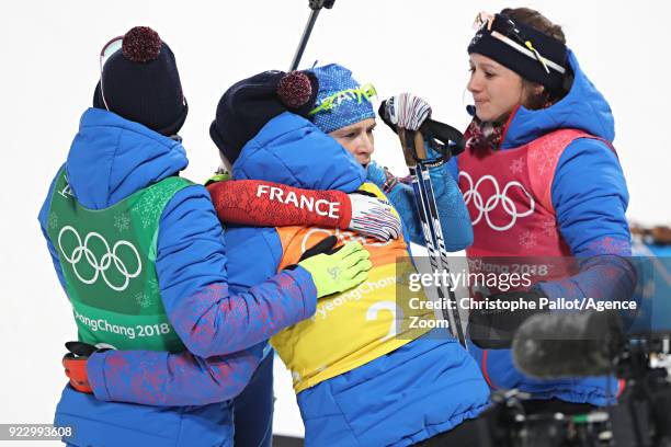 Anais Chevalier of France, Marie Dorin Habert of France, Justine Braisaz of France, Anais Bescond of France celebrate during the Biathlon Women's...