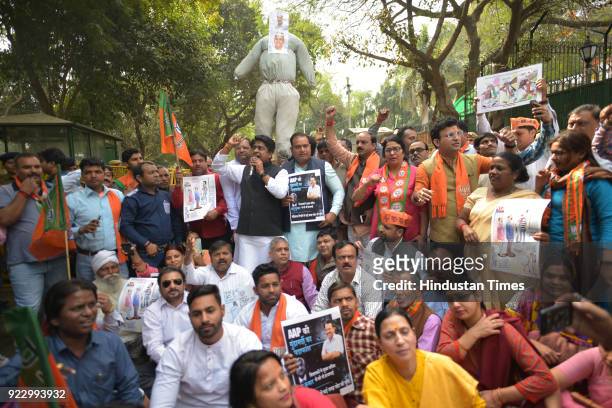 Delhi BJP general Secretary Kuljeet Singh Chahal along with other supporters protest against the MLAs of Aam Aadmi Party on their behavior with Delhi...