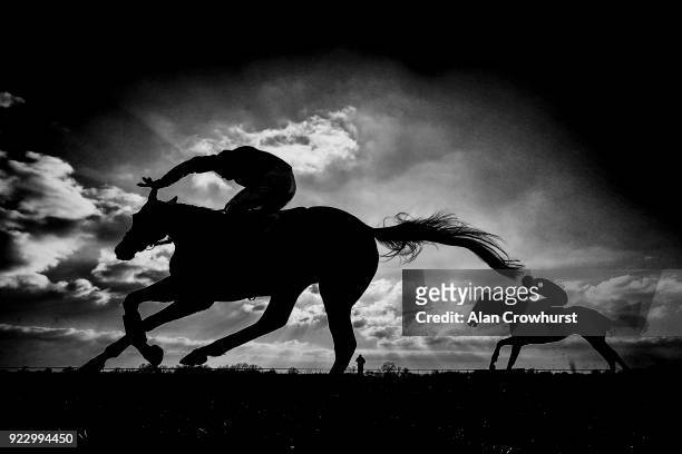 Aidan Coleman riding Shining Romeo clear the last to win The Smarkets Handicap Hurdle Race from Marmont at Huntingdon racecourse on February 22, 2018...